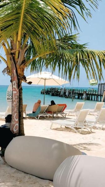 Tumbonas y palmeras en la playa del Beach Garden Club Punta Cana con muelle y mar turquesa