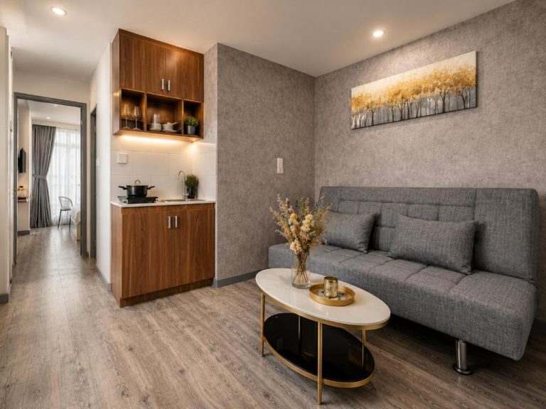 Salón moderno con sofá gris y cocina americana de Kas Zody Boutique Hotel & Spa