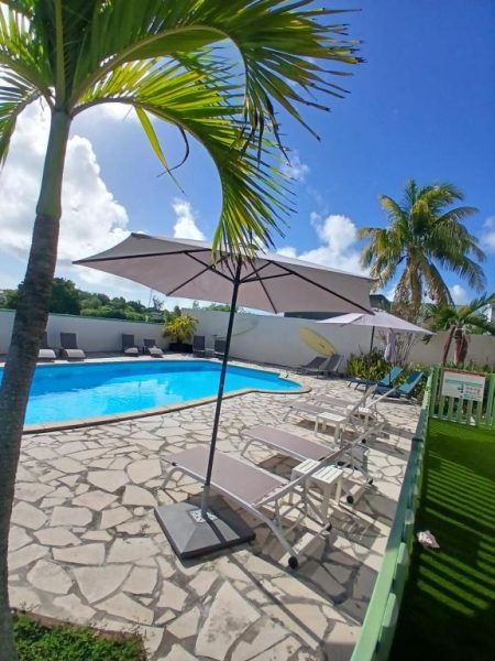Piscina exterior con tumbonas y sombrillas del Ti Village Creole rodeada de palmeras tropicales